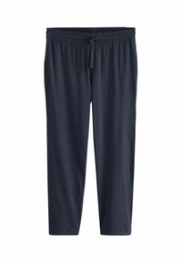 Pantalone tamnoplave boje, lagani, s elastičnom gumicom u struku i vezicom. Ravnog kroja, mekane teksture, bez uzoraka, prikladni za svakodnevno nošenje.