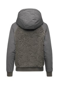 Kurtka z kapturem z szarym materiałem zewnętrznym i fakturowanym, puszystym szarym panelem tylnym z kwiatowymi wzorami, z prążkowanymi mankietami i dołem.