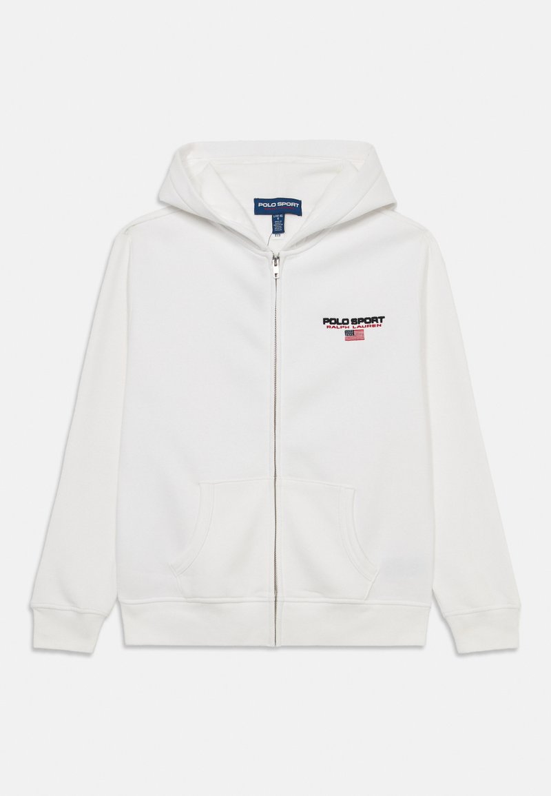 Sweatshirt branca com fecho éclair e bolso tipo canguru, apresentando "POLO SPORT" e um logótipo de bandeira em vermelho e azul no lado esquerdo do peito. Textura de tecido macio.