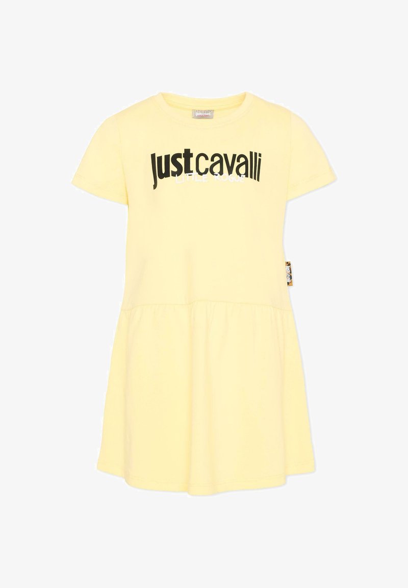 Robe décontractée jaune à manches courtes avec taille froncée et texte logo noir "Just Cavalli" sur la poitrine, petite étiquette latérale visible.