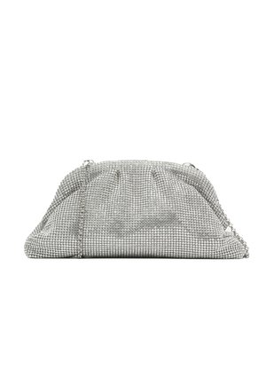 Silver clutch bag featuring a textured rhinestone exterior, gathered design, and a chain strap for carrying.