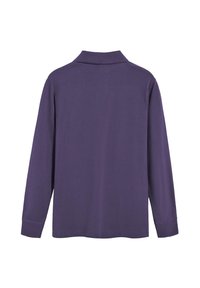 Langarm polo shirt in dieppaars, met een klassieke kraag en een gladde, zachte textuur zonder zichtbare patronen of accenten.