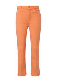 Pomarańczowe dżinsy o prostym kroju nogawki, pięć kieszeni, z zapięciem na guzik. Gładka tekstura i jednolity kolor w całym wyrobie.