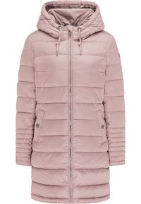 Doudoune rose clair avec capuche, présentant des motifs matelassés verticaux et horizontaux, une fermeture éclair à l'avant et des poches latérales.