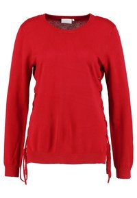 Pull en maille rouge avec un col rond, des manches longues et des détails de lacet sur les côtés. Texture lisse avec des liens sur les côtés pour l'ajustement.
