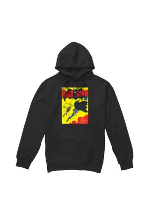 Schwarzer Hoodie mit einem bunten Vintage Batman Comic-Cover, das Batman und Robin zeigt, wie sie an Seilen über einem gelben Stadtpanorama schwingen.