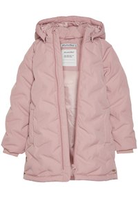 Helle rosa gepolsterte Jacke mit Kapuze, Reißverschluss und elastischen Bündchen. Verfügt über eine gesteppte Textur und ein Etikett innen.