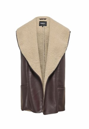 Bruine leren gilet met een grote, zachte beige schapenvachtkraag. Heeft een open voorkant en twee zijzakken. Gladde textuur en eigentijds ontwerp.