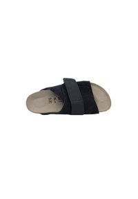 Black suede sandal with two wide straps, adjustable velcro closure, and a beige cushioned footbed. Size 37 marked on the insole.