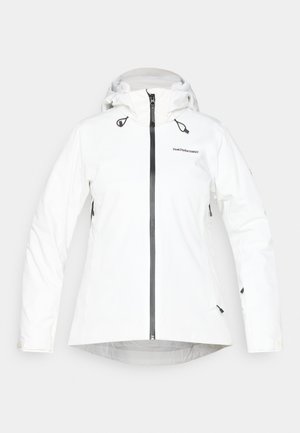 Weiße wasserdichte Jacke mit Kapuze, Reißverschluss vorne und verstellbaren Kordeln. Mit schwarzem Zubehör und Logo. Glatte Textur.