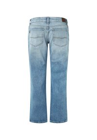 Jeans de mezclilla azul claro con diseño de pierna recta, que presentan una cinturilla de altura media, dos bolsillos en la parte posterior y detalles de costura sutiles.