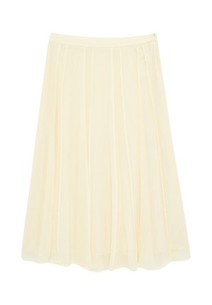 Jupe midi couleur crème en tissu plissé léger avec une fermeture éclair à la taille.