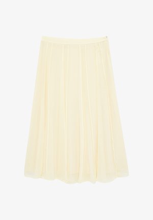 Jupe midi couleur crème en tissu plissé léger avec une fermeture éclair à la taille.