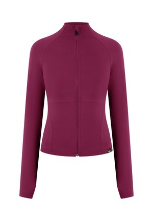 Langærmet tætsiddende jakke i dyb lilla med fuld lynlås foran og høj krave, designet til kvinder.
