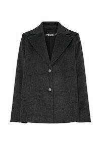 Σκοτεινό γκρι σακάκι από μείγμα μάλλινου υφάσματος με καπιτονέ для, δύο μπροστινές τσέπες και τρία διακοσμητικά ασημένια κουμπιά κατά μήκος του μπροστινού μέρους.