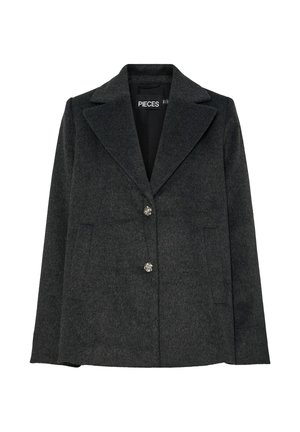 Blazer grigio scuro in misto lana con revers, due tasche frontali e tre bottoni decorativi argentati sul davanti.