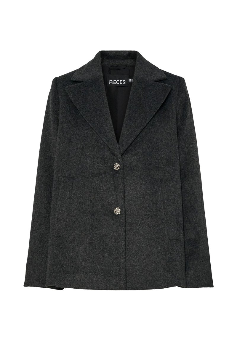 Mörkgrå kavaj i ullblandning med slagkrage, två framfickor och tre dekorativa silverknappar framtill.