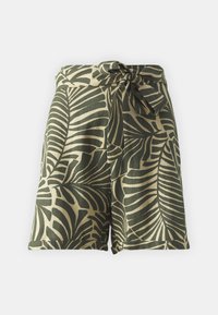 Pantaloni corti verdi e beige realizzati in tessuto con un motivo a foglia, dotati di un dettaglio in vita con lacci e una vestibilità ampia con orli piegati.