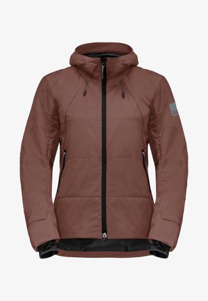 Giacca isolante marrone con cappuccio, zip frontale e tasche con zip. Presenta orlo e polsini neri a contrasto per calore e stile.
