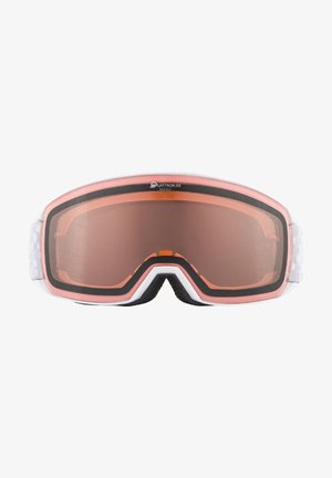 Ski goggles with a white frame and pink tinted lenses. Black foam padding and black accents around lenses. Adjustable straps on sides.
