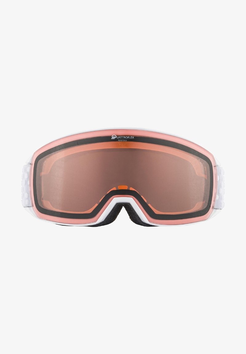 Ski goggles with a white frame and pink tinted lenses. Black foam padding and black accents around lenses. Adjustable straps on sides.