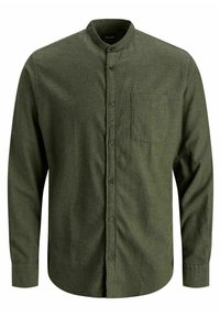Långärmad olivgrön skjorta med knappar och mandarin-krage samt bröstficka, gjord av mjukt material.