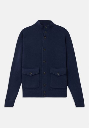 Navy blue cardigan, knit fabric, high collar, six button front, two front patch pockets with flaps and button closures, ribbed hem and cuffs.
