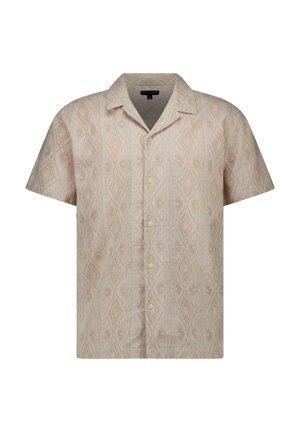 Korte mouwen, overhemd met knopen van lichtgewicht stof, met een geometrisch patroon in lichtbeige en crèmekleuren. Standaard kraagontwerp.