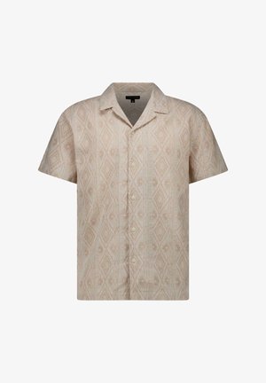 Korte mouwen, overhemd met knopen van lichtgewicht stof, met een geometrisch patroon in lichtbeige en crèmekleuren. Standaard kraagontwerp.
