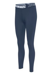 Leggings navy realizzati in tessuto elasticizzato con una vita brandizzata bianca a contrasto, texture liscia e design aderente per abbigliamento sportivo.
