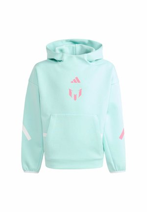 Vaaleansininen huppari, jossa on etutasku sekä vaaleanpunainen Adidas-logo ja tyylitelty rintalogo, lisäksi valkoiset ja vaaleanpunaiset hiha-yksityiskohdat.