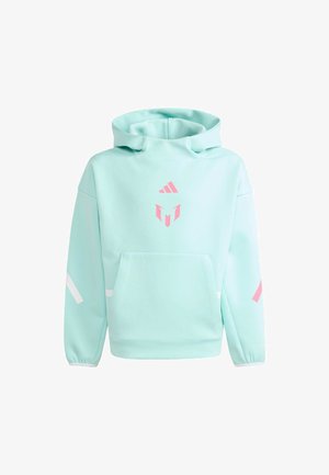 Lichtblauwe hoodie met een zak aan de voorkant en een roze Adidas-logo en gestileerd logo op de borst, plus witte en roze accenten op de mouwen.