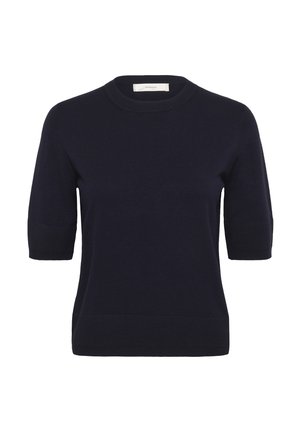 Maglione a maniche corte blu navy in maglia con collo rotondo, polsini e orlo a coste, esposto su uno sfondo bianco.
