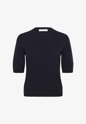 Maglione a maniche corte blu navy in maglia con collo rotondo, polsini e orlo a coste, esposto su uno sfondo bianco.