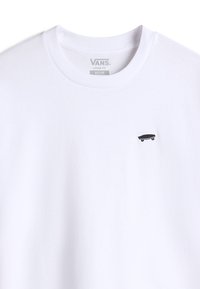White cotton t-shirt featuring a small black skateboard graphic on the chest. Classic crew neckline, loose fit, smooth texture.