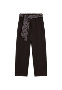 Czarne spodnie o szerokich nogawkach z elastycznym paskiem w talii i wzorzystym materiałowym paskiem w kwadraty w odcieniach granatu i bordo.