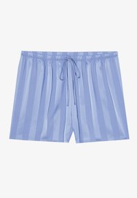 Lys blå satengshorts med snøring i livet, med veksling mellom matte og glatte vertikale striper og en avslappet passform.