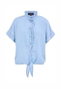 Light blue denim shirt with short sleeves, ruffled collar, and front button closure. Features a knotted hem and soft texture.