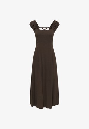 Abito midi marrone con maniche a cuffia arricciate, scollatura quadrata, corpetto aderente e spalline incrociate sul retro.