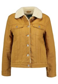 Kurtka dżinsowa w kolorze musztardowej żółci z białym kołnierzem z imitacji kożucha, zapinana na guziki, z dwoma kieszeniami na piersiach i dopasowanym krojem.