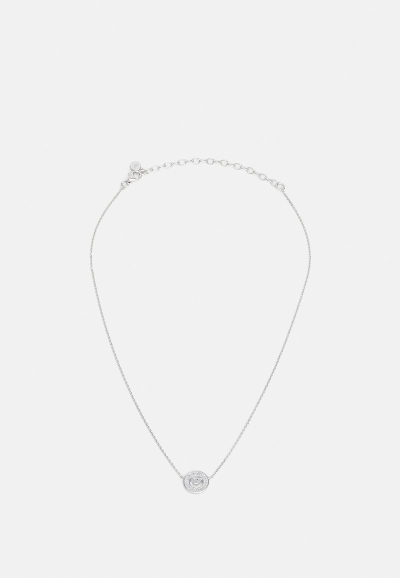Silver chain necklace featuring a circular pendant with a textured border and a smooth central design. Adjustable length with a clasp.