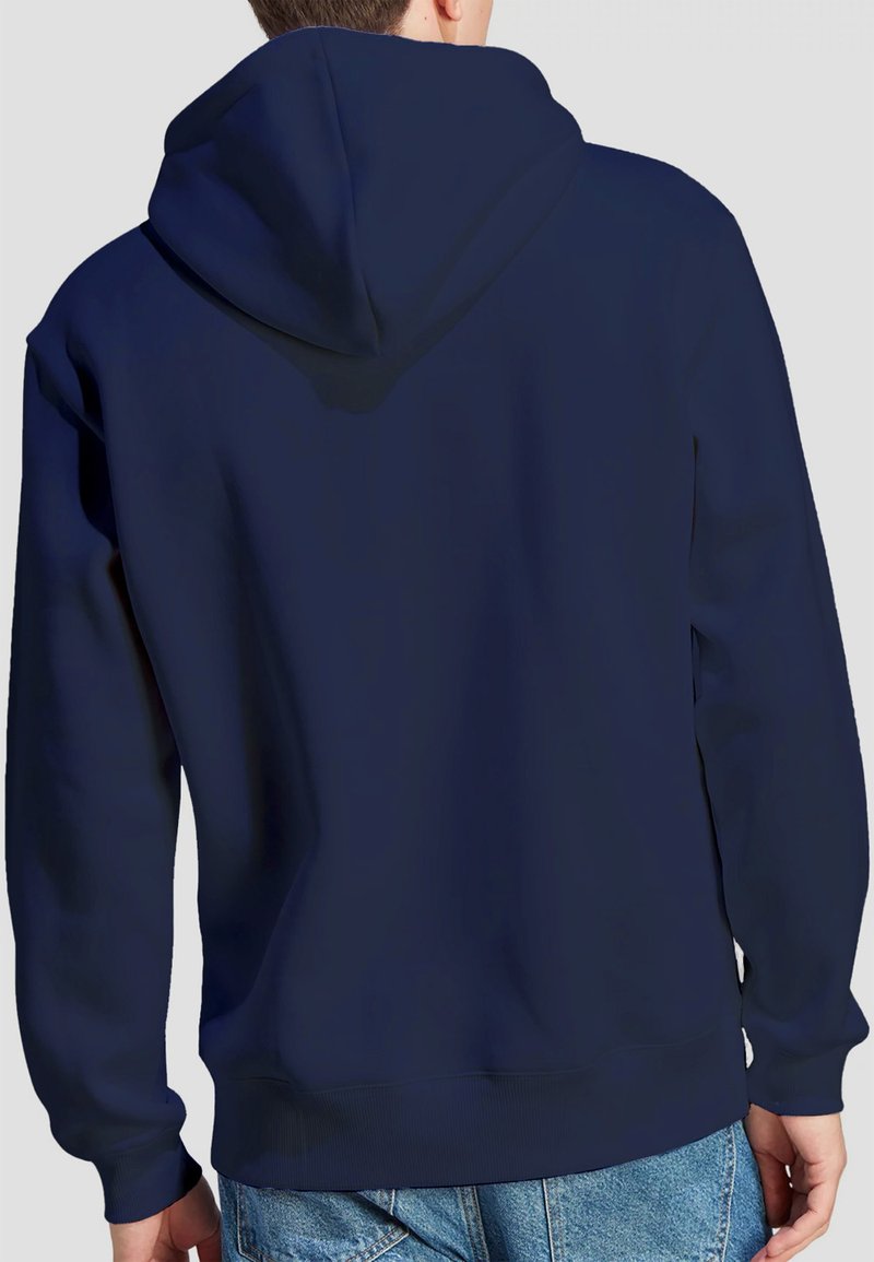 Navy blue hoodie made of soft fabric, featuring a large hood and ribbed cuffs. The back is simple with no visible logos or patterns.