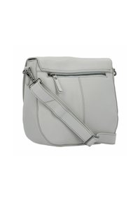 Borsa a tracolla in pelle grigia con zip superiore, tracolla regolabile e dettagli di cucitura sottili. Presenta una forma arrotondata e slanciata.