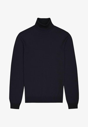 Maglione a dolcevita navy realizzato in tessuto lavorato a maglia, con maniche lunghe, polsini aderenti e colletto sottile con una superficie liscia.