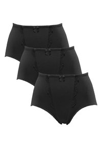 Schwarze hohe Taillenslips im Dreierpack, mit Spitzenakzenten und kleinen Schleifen an der Vorderseite, aus glattem Material und mit elastischem Bund.