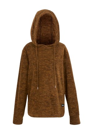 Sudadera con capucha de mezcla marrón, de manga larga, con cordones, dobladillo redondeado y pequeña etiqueta negra de la marca en la parte inferior delantera.