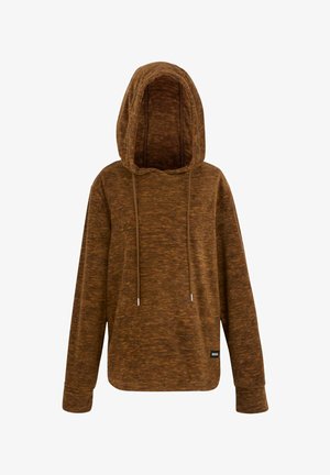 Sudadera con capucha de mezcla marrón, de manga larga, con cordones, dobladillo redondeado y pequeña etiqueta negra de la marca en la parte inferior delantera.