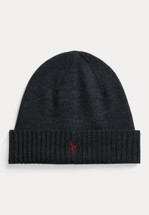 Knit beanie in dark gray with a ribbed cuff; features a small, embroidered red logo on the front. Soft texture, fitted design.