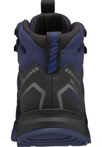 Vista trasera de botas de senderismo con una combinación de colores en gris oscuro y azul, parte superior de malla con acentos sintéticos y una suela texturizada.