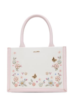 Sac à main blanc et rose pâle avec ornements floraux et papillons, forme structurée et poignées arrondies, marqué du logo "ALDO" en or.